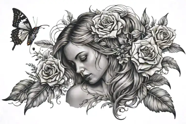 woman feeling pian , distress , sorrow, grief,moarn.  no flowers or viens , 3D 4K clear and real looking tattoo design idea