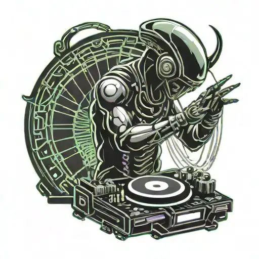 Alien DJ playing a CDJ on the stage of a PVT decorated in the style of UFO and outer space tattoo design idea