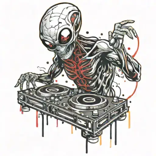 Alien DJ playing a CDJ in a pvt with the stage decorated in the style of a UFO tattoo design idea