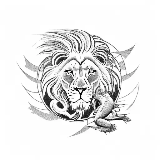Lion in background with white doves plus a wave underneath with a fish under the wave and a crab tattoo design idea