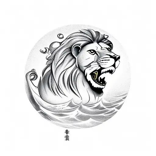 Lion in background with white doves plus a wave underneath with a fish under the wave and a crab tattoo design idea