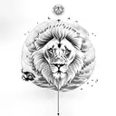 Lion in background with white doves plus a wave underneath with a fish under the wave and a crab tattoo design idea