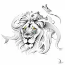 Lion in background with white doves plus a wave underneath with a fish under the wave and a crab tattoo design idea