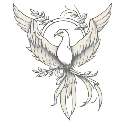 Phoenix with spread wings and x on its chest with an olive branch around it and a ribbon saying true till death below tattoo design idea