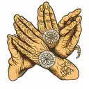 praying hands surrounded by the words IN LOVING MEMORY OF MY PARENTS tattoo design idea