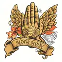 praying hands surrounded by the words IN LOVING MEMORY OF MY PARENTS tattoo design idea