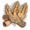 praying hands surrounded by the words IN LOVING MEMORY OF MY PARENTS tattoo design idea