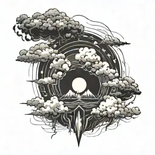 Main Themes and Design:** 1. **Storm Clouds Rising in the Center**: In the center of the design, some of it is dark and dense tattoo design idea