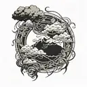 Main Themes and Design:** 1. **Storm Clouds Rising in the Center**: In the center of the design, some of it is dark and dense tattoo design idea