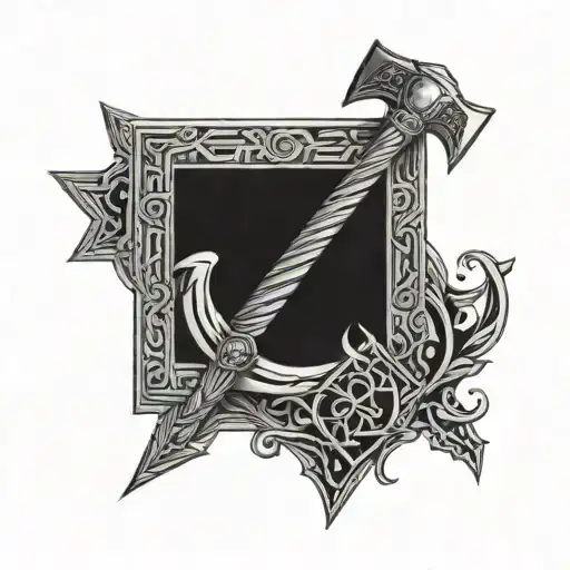 A geometric interpretation of Valhalla's halls with Thor's hammer integrated into the design, showcasing the connection between the Viking god and the legendary realm tattoo design idea