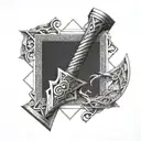 A geometric interpretation of Valhalla's halls with Thor's hammer integrated into the design, showcasing the connection between the Viking god and the legendary realm tattoo design idea