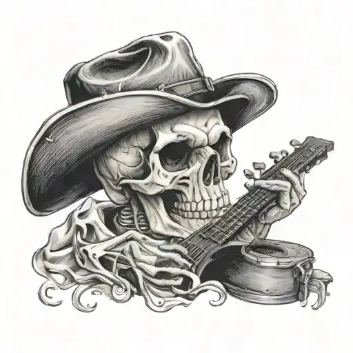 Outlaw skull playing guitar in profile tattoo design idea