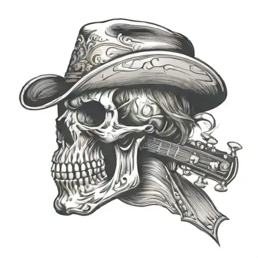 Elegant western outlaw skull playing guitar in profile tattoo design idea