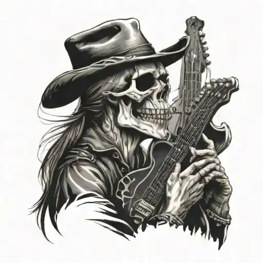 Elegant western outlaw skull playing guitar in profile. Half body, not just the face tattoo design idea