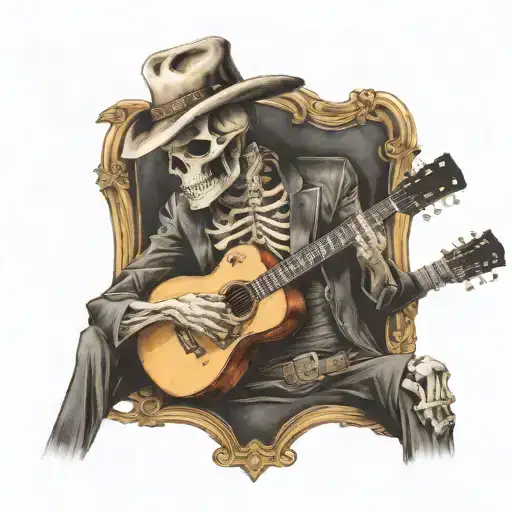 Elegant western outlaw skull playing guitar in profile. Half body, not just the face tattoo design idea
