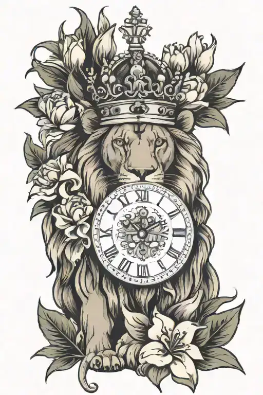 lion wearing a crown with a Roman numeral clock surrounded by lily flowers tattoo design idea