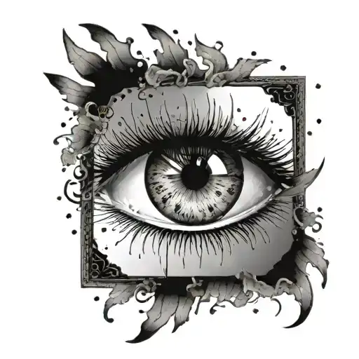 mirror with an eye in the middle and ink jets under the mirror tattoo design idea