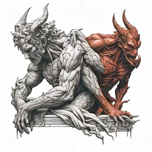 statue, connected, realistic, red details, War, god, devil, sexuality tattoo design idea