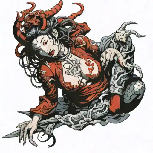 statue, connected, realistic, red details, War, god, devil, sexuality, women tattoo design idea