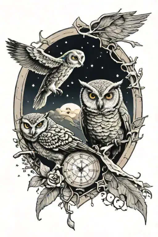 night sky moon with an owl below and cow skull with peridot leaning against a broken shield.    tattoo design idea