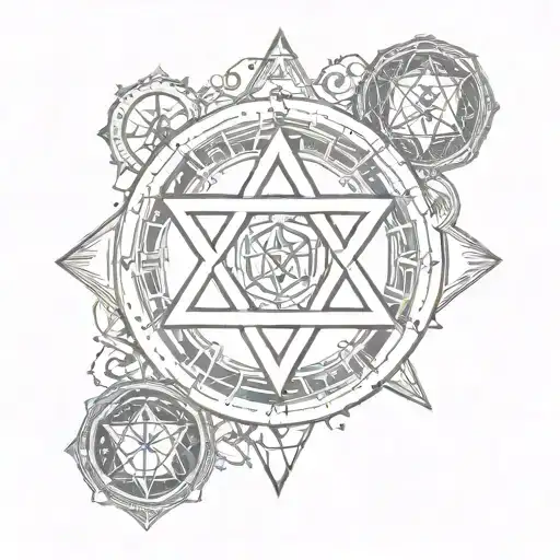Star of David with star sign simbol of Cancer, Libra, Gemini, Sagittarius, Scorpio, Taurus and Leo in it tattoo design idea