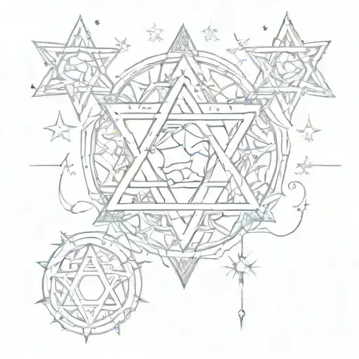 Star of David with star sign Cancer, Libra, Gemini, Sagittarius, Scorpio, Taurus and Leo in it tattoo design idea
