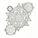 Star of David with star sign simbol of Cancer, Libra, Gemini, Sagittarius, Scorpio, Taurus and Leo in it tattoo design idea