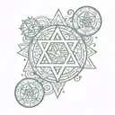 Star of David with star sign simbol of Cancer, Libra, Gemini, Sagittarius, Scorpio, Taurus and Leo in it tattoo design idea