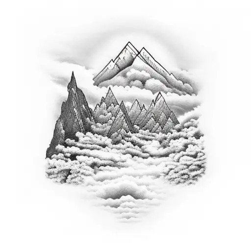 mountains with clouds above and a road underneath black and white tattoo design idea