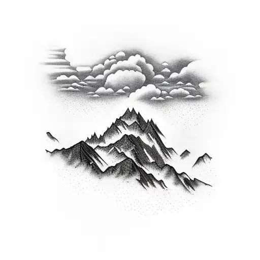 mountains with clouds above and a road underneath black and white tattoo design idea