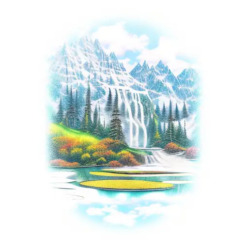 mountains with waterfall that flows down onto a pond tattoo design idea