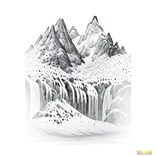 mountains with waterfall that flows down onto a pond black and white tattoo design idea