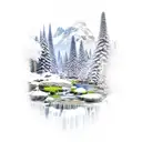 mountains with waterfall that flows down onto a pond tattoo design idea