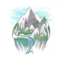 mountains with waterfall that flows down onto a pond tattoo design idea