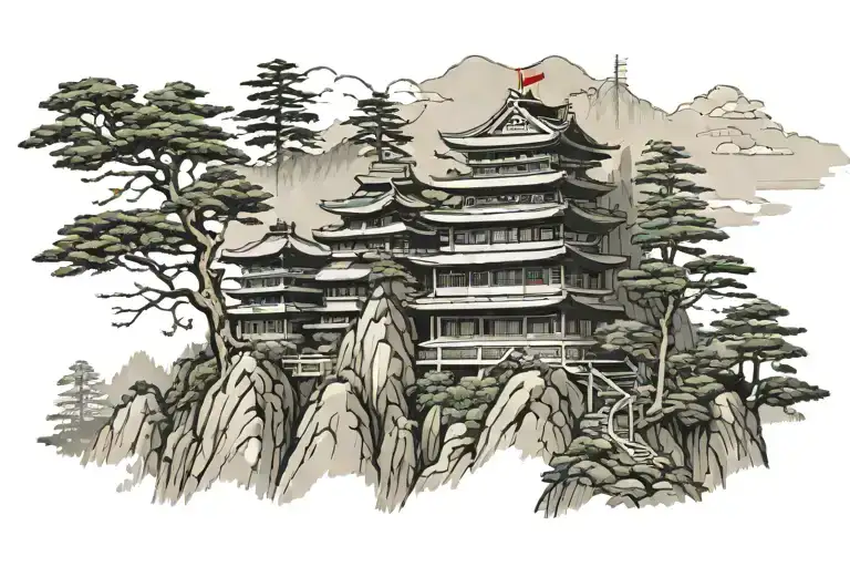 Japanese 4 story building on the mountain and forest background tattoo design idea