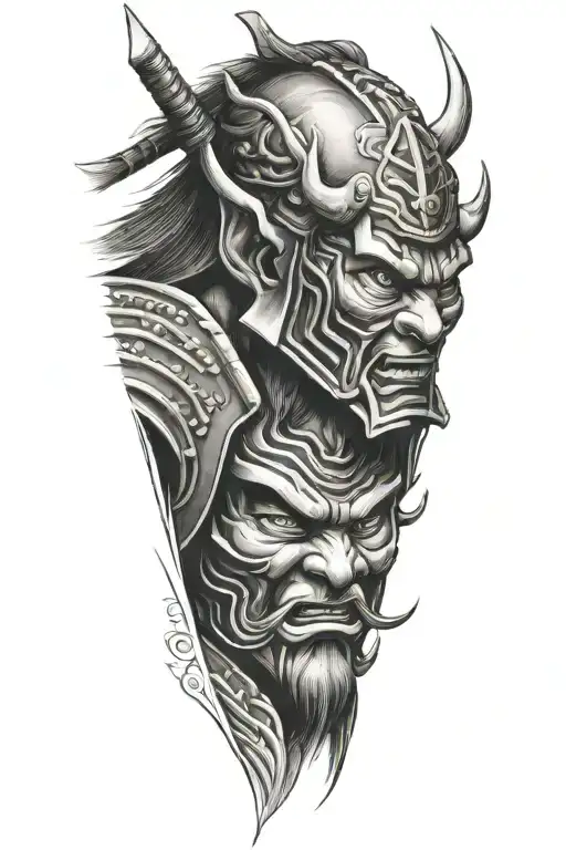 closeup on samurai in oni mask surrounded in wind around samurai fading dark  tattoo design idea