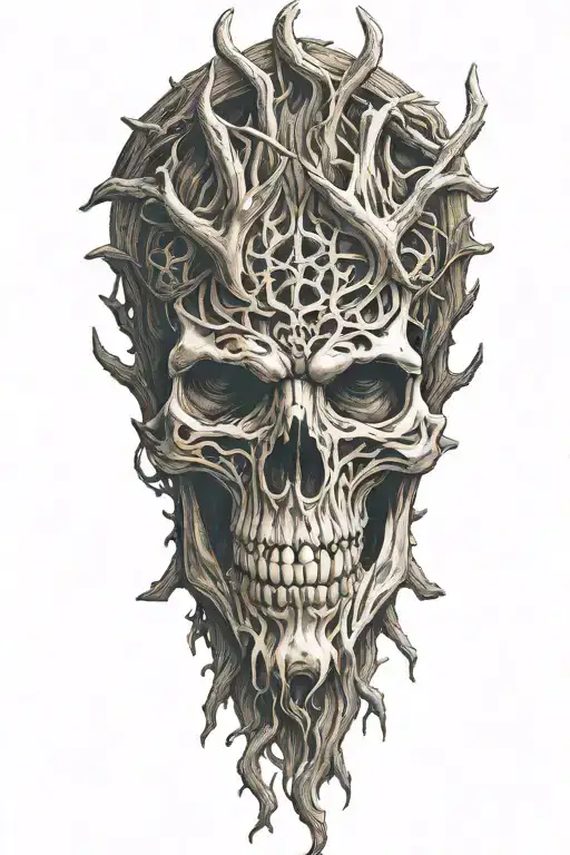 slavic mythology, leshen beast, skull head, full body made from wood, hands with claws tattoo design idea