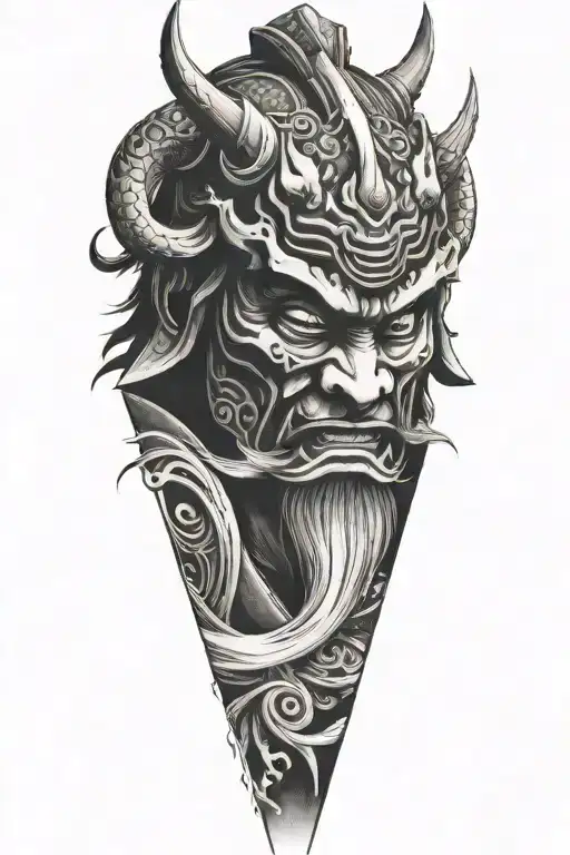 closeup on samurai in oni mask surrounded in wind around samurai fading dark  tattoo design idea