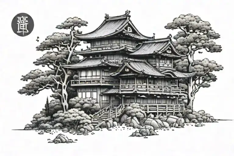 Japanese 3 story building on the forest background tattoo design idea