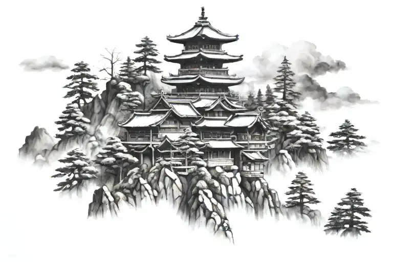 Japanese 3 story building on the forest and mountain background tattoo design idea