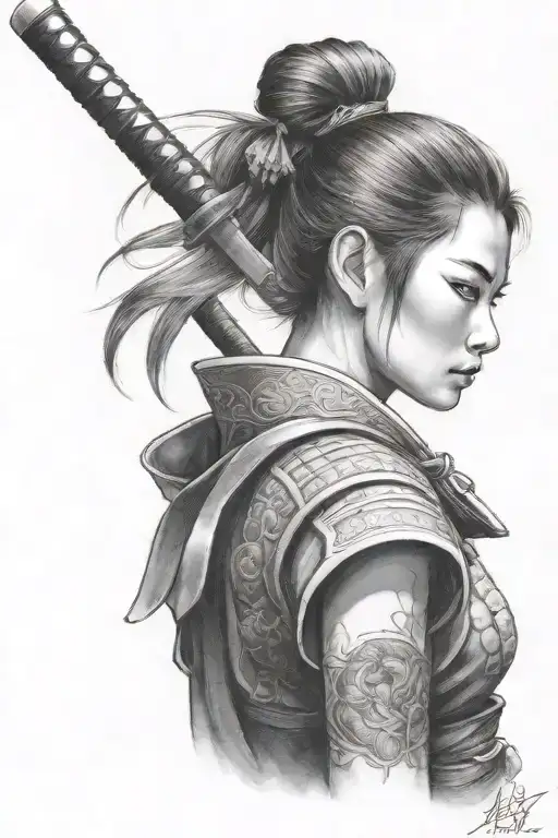 samurai girl standing tattoo design idea