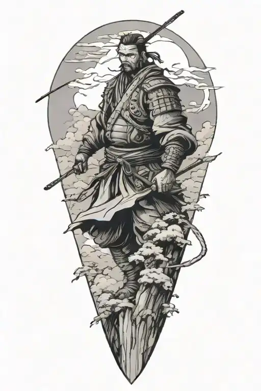 ronin standing on the cliff  surrounded in wind around samurai fading dark tattoo design idea