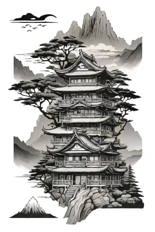 Japanese 3 story building in the mountains with the forest background tattoo design idea