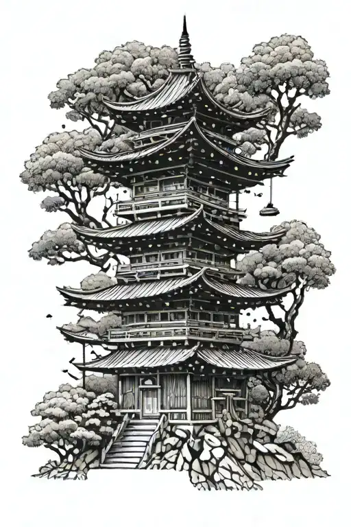 Japanese temple in the mountains with the forest background tattoo design idea