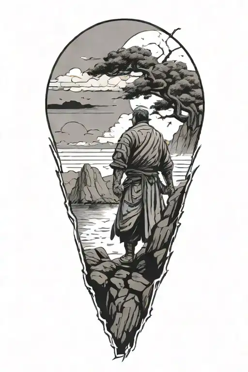ronin standing on the cliff back to the world  surrounded in wind around samurai fading dark tattoo design idea