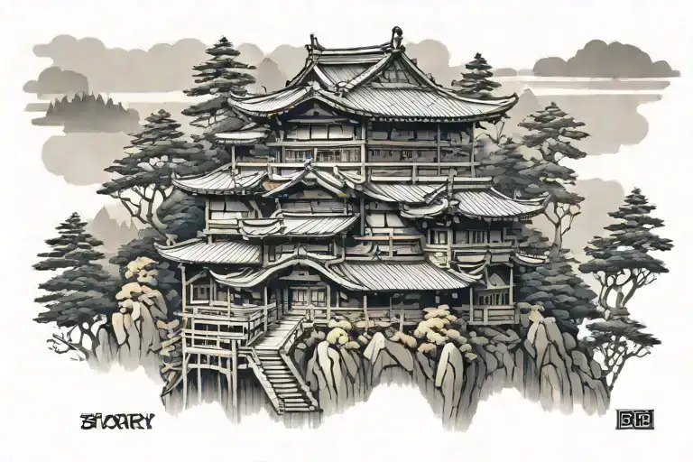 Japanese 3 story building on the forest and mountain background tattoo design idea