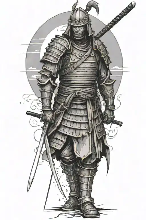 a lonely undead samurai in armor standing sideways to the setting sun tattoo design idea
