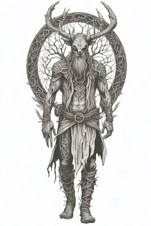slavic mythology leshen full body with big horns tattoo design idea