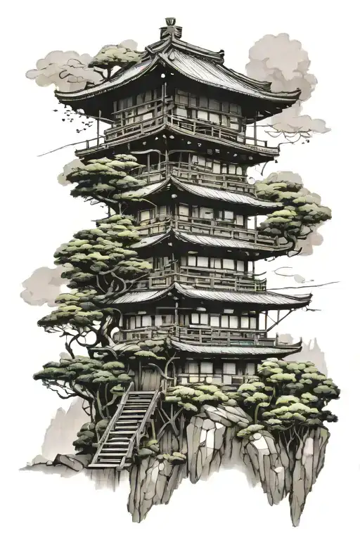 Japanese 3 story building in the mountains with the forest background tattoo design idea
