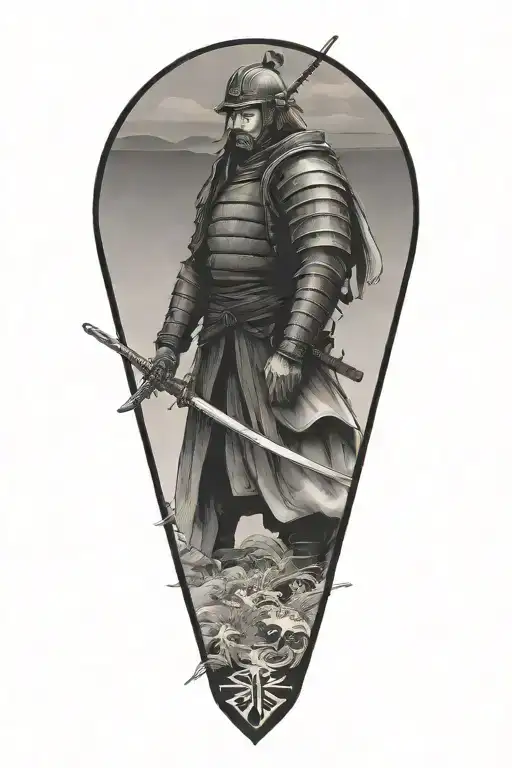 lone sad samurai in armor holding a sword tattoo design idea